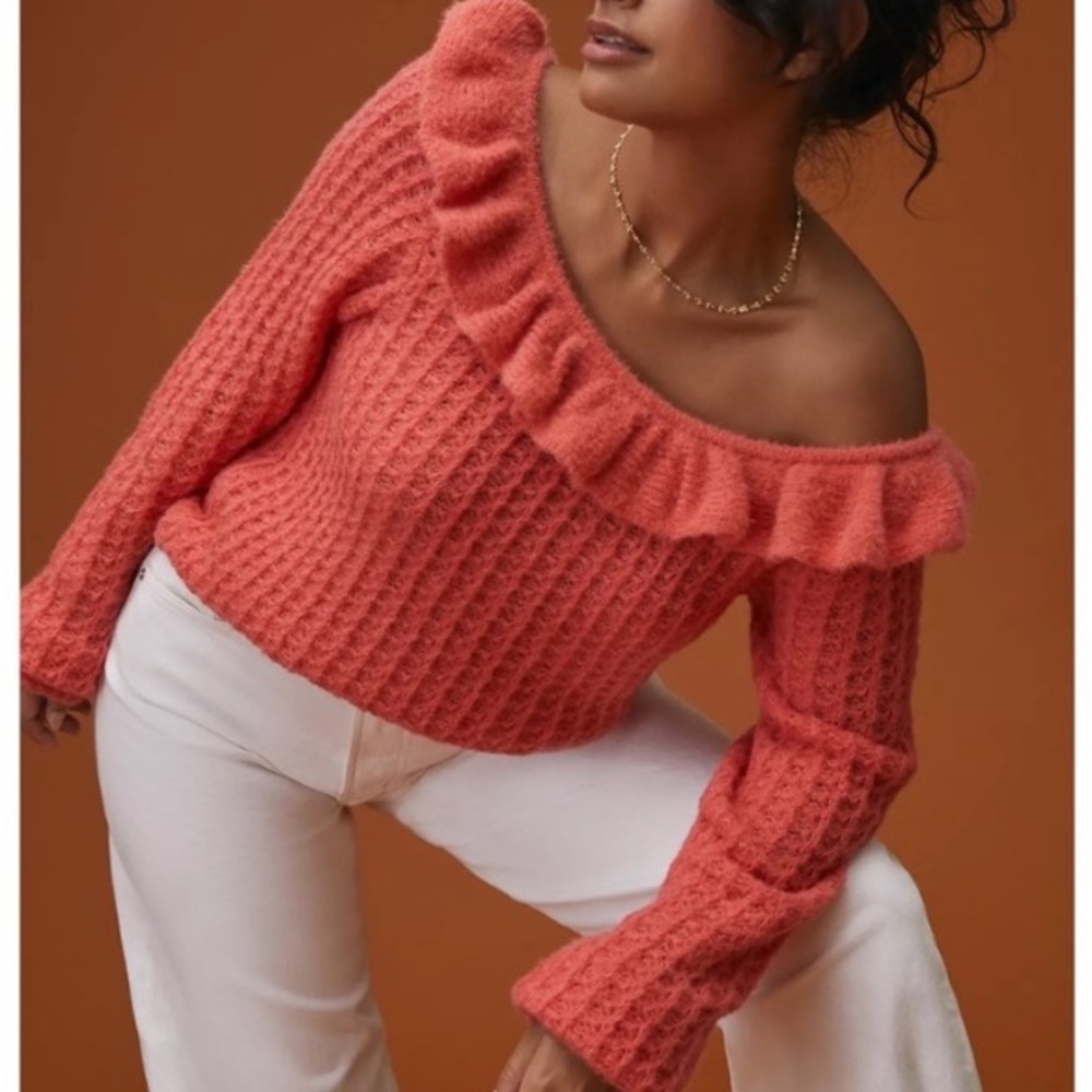 🧡 NWT Anthro Waffle Knit Boatneck Ruffle Sweater 🧡